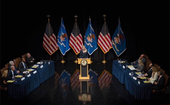 Attorney General Pamela Bondi delivers remarks from a podium at the Museum of the Bible. She is joined by members of the Religious Liberty Commission.